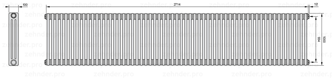 Схема (чертеж) Радиатор Zehnder Charleston 3100/59 №7610 Белый глянцевый RAL 9016